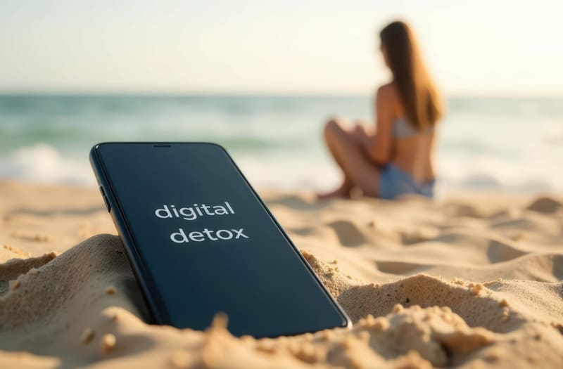 Telefon z napisem "digital detox" na plaży – wizualizacja świadomego odłączenia się od technologii.