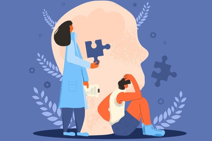 Ilustracja przedstawiająca osobę z ADHD oraz terapeutę, symbolizująca złożoność terapii uzależnień i indywidualne podejście do pacjenta